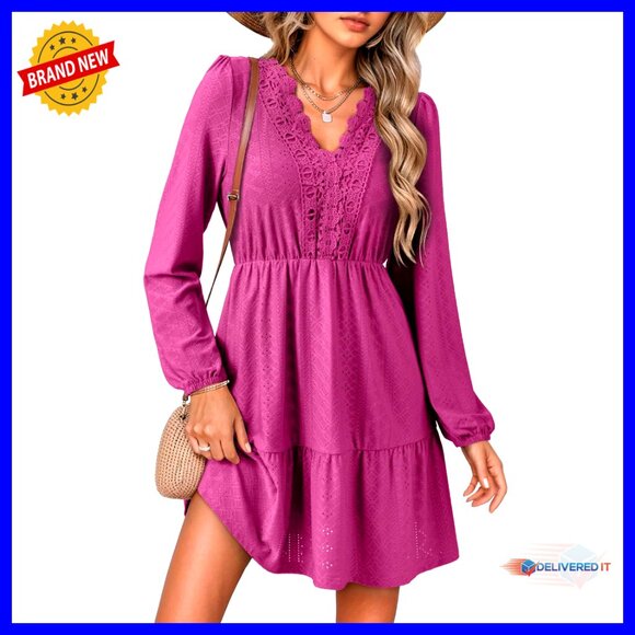 Dresses & Skirts - Lace Embroidered V-Neck Long Sleeve Mini Dress A-Line Swing Casual